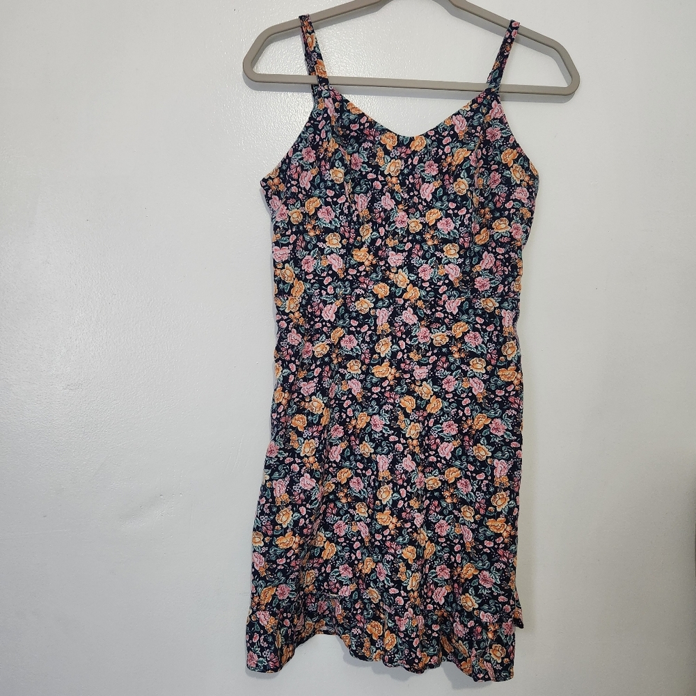 Old Navy Medium Linen Blend Cami Mini Dress Black Floral Ruffle Smocked Back